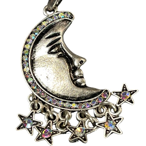 Beautiful moon with multicolored stones & dangly stars necklace on silver chain - Picture 9 of 12